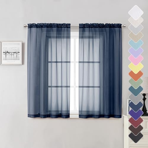Short Sheer Curtains 54 Inches Length 2 Panels (Navy Blue / 40"W x 54"L (Pack of 2))