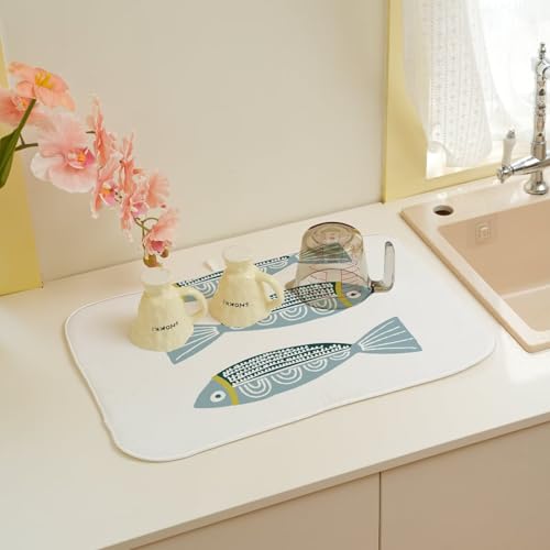 Coastal Dish Drying Mat 18 x 24 inch Beach Blue Fish Print Decorative Drying Mats Microfiber Absorbent Ocean Dish Washable Draining Mat for Kitchen Counter Decor (18" x 24" / Fish)