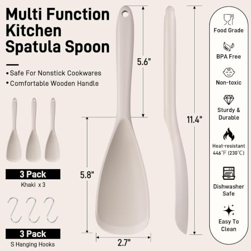 3 PACK Silicone Cooking Spatula & Spoon for Nonstick Cookware (3 Pack Khaki)