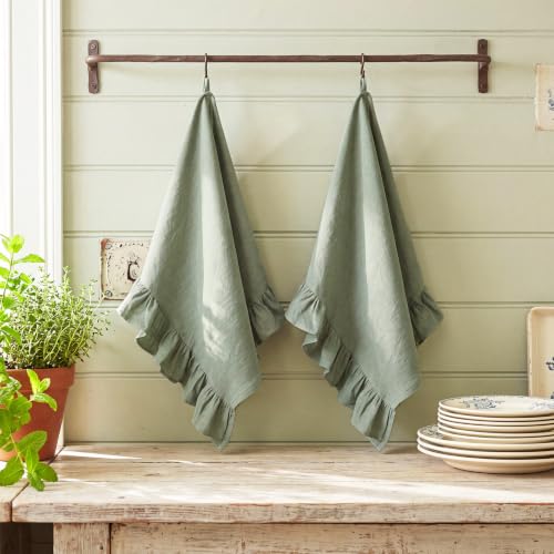 2 Pcs Sage Green Kitchen Towels Retro Towels Cotton Ruffled (Sage Green / Retro)