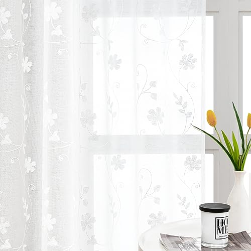 White Sheer Curtains 96 Inches Long 2 Panels White Embroidered Floral Pattern Semi Sheer Window Curtains for Bedroom Living Room (52"W x 96"L (Pack of 2) / White)