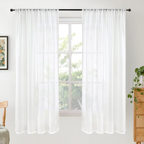 White Semi Sheer Linen Curtains 63 Inch Length for Living Room 2 Panels Set (White / 42"W x 63"L (Pack of 2))