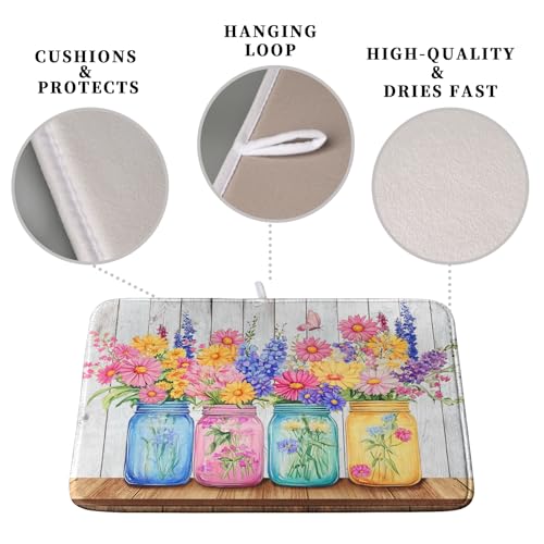 Daisy Dish Drying Mat for Kitchen Counter Spring Summer Flowers Vases Dishes Pad Microfiber Absorbent Dish Draining Mats Rustic Farmhouse Floral Wooden Board Dish Drainer Rack Mat 16x18 Inch (Daisy Vases Pink / 16" x 18")