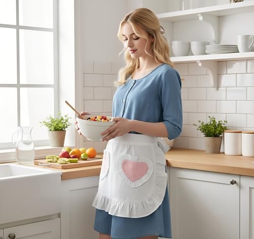 Women’s Waist Aprons with White Pockets Half Server Home Waitress Vintage Servant Apron for Kitchen Cooking (White Pink)