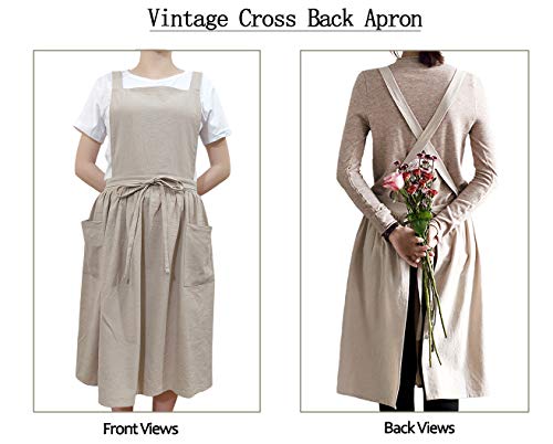 Women Girls Vintage Apron Adjustable Gardening Works Cross Back Cotton (Beige / One Size)