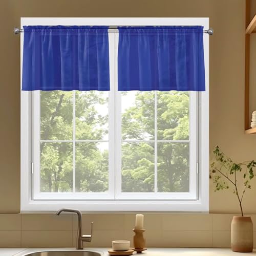 Basic Rod Pocket Sheer Voile Window Curtain Panels Sapphire 1 Pair 2 Panels 52 Width 18 Inch Long for Kitchen Bedroom Children Living Room Yard（Sapphire (Blue Sapphire / 52"W x 18"L (Pack of 2))