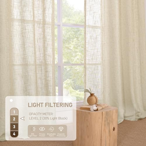 Light Filtering Sheer Linen Curtains 102 inches Long 2 Panels (52"W x 102"L (Pack of 2) / Linen)