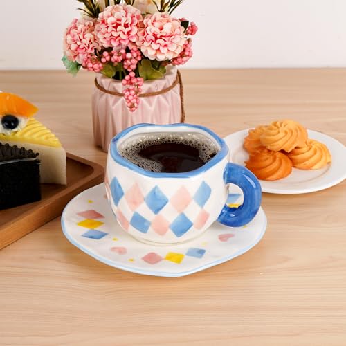 Cute Ceramic Coffee Mug with Saucer (Blue, Pink, Yellow)