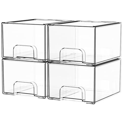 4 Pack Clear Stackable Storage Drawers (4 PCS / Clear-4.4 In Tall)