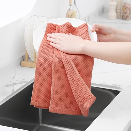 100% Cotton Waffle Weave Kitchen Dish Towels 6 (Coral / 13 X 28 - 6 Pack)