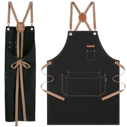 Chef Apron with Cross Back Straps for Men Women (Black)