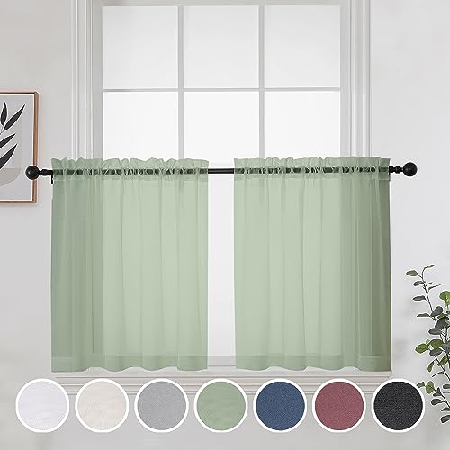 Short Sheer Curtains 30 Inches 2 Panels Set (Sage Green / 42"W x 30"L (Pack of 2))