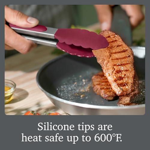 Stainless Steel Tongs with Silicone Tip Set 9" 12" with Easy Lock Mechanism for Grilling Air Fryer Cooking Serving Salad (Black & Sangria / 9" & 12 / Set of 2)
