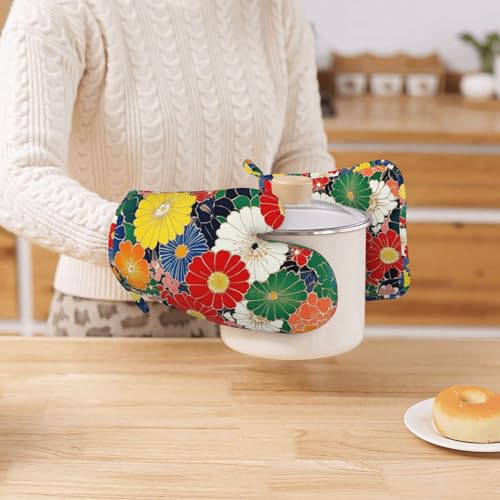 Oven Mitts and Pot Holders Flower Ethnic Art Pattern Silicone Kitchen Accessories Set of 4 Heat Resistant Long Gloves Potholder Non (A098)