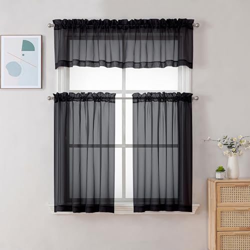Sheer Curtains 36 Inch Length (Black / 42"W x 36"L (Pack of 2))