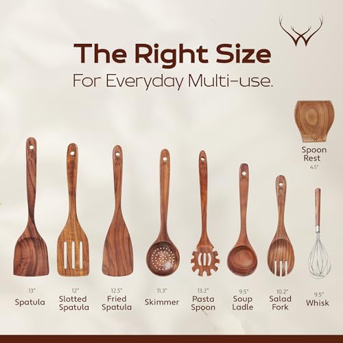 9 Pcs Teak Wooden Spoons for Cooking with Rest (9 Pcs Set)