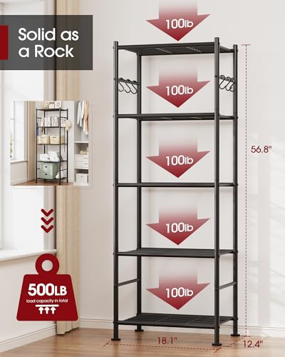 5 Tier Storage Rack Organizer with Hooks (Black / 18.1W×12.4D×56.8H(5T))