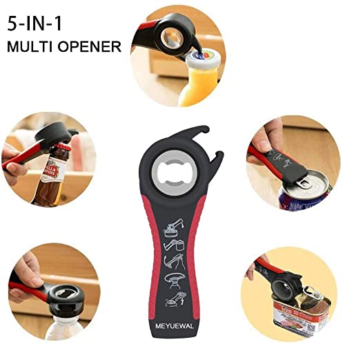 Jar Opener 5 in 1 Multi Function Can Opener Bottle Opener Kit with Silicone Handle Easy to Use for Children (Apple Red)
