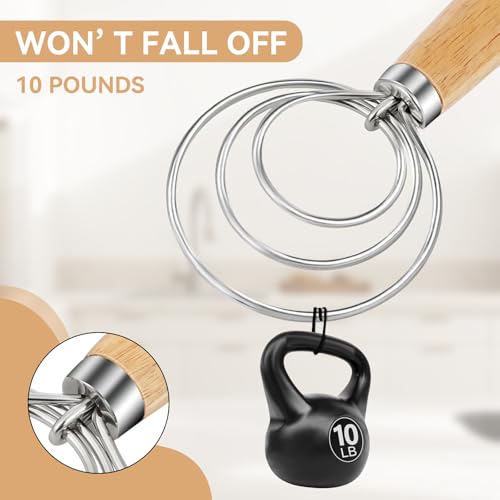 Danish Dough Whisk Dutch Bread Mixer Stainless Steel Hook Wooden Handle Baking Tools for Sourdough Pizza Pastry Cake Batter Making (White Wax Wood-3Q / 1 Pack)