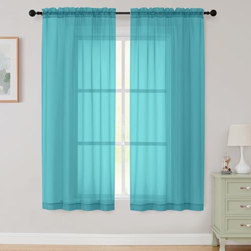 Sheer Turquoise Curtains for Bedroom Living Room 63 Inch Length 2 Panels (Turquoise / 42"W x 63"L (Pack of 2))