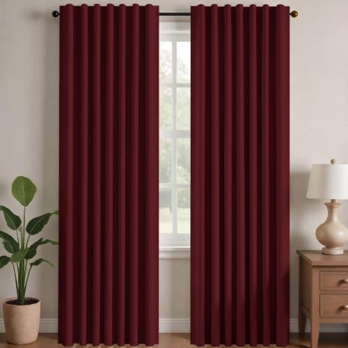 Solid Rod Pocket and Back Tab Curtains Thermal Insulated Christmas Curtains Blackout Curtains for Living Room 52Wx84L Inch Burgundy Red Set of 2 (Maroon Red / 52"W x 84"L (Pack of 2))