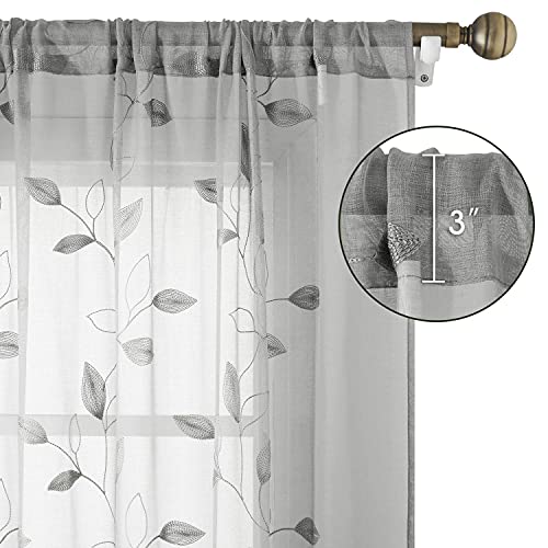 Light Grey Sheer Curtains Leaf Embroidered (52"W x 84"L (Pack of 2) / 3-grey)
