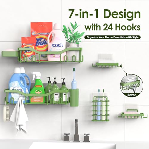 Shower Caddy Adhesive Shower Organizer 7 (Green / 7-Piece Set)