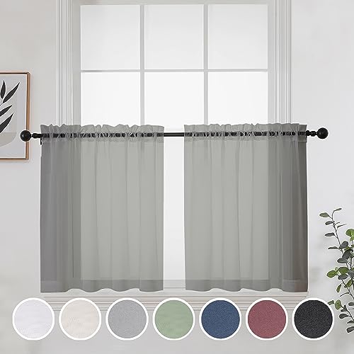 Grey Sheer Curtains 24 Inches Long 2 Panels for Bathroom Window (Grey / 42"W x 24"L (Pack of 2))