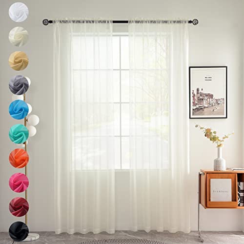 Solid Sheer Rod Pocket Curtain Voile Draperies 2 Panels White Beige Black Grey Coffee 52 Inch Width 96 Inch Long 1 Pair for Kitchen Bedroom Children Living Room Yard (Ivory / 52"W x 96"L (Pack of 2))