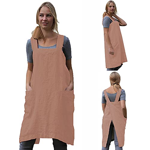 Cotton Linen Apron Blend Dress with Big Pockets for Women Square Pinafore Dress for Baking Cooking BBQ & Grill (Rouge Pink / 3X-Large)
