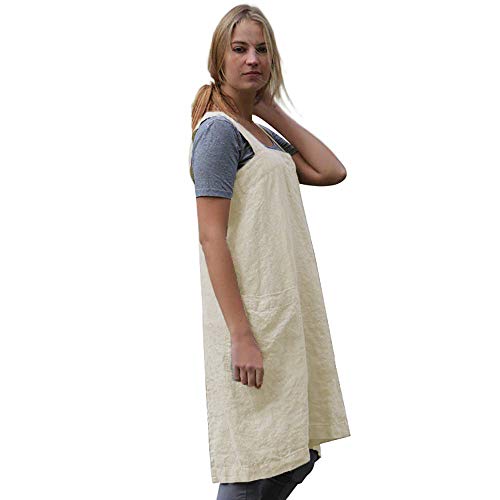 Women's Pinafore Square Apron Baking Cooking Gardening Works Cross Back Cotton (Medium / Y-apricot)