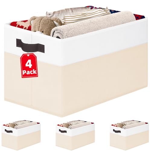 4 Pack Baby Clothes Organizer Bins (4pcs - Rectangular 14"x10"x9.5" / White with Beige)