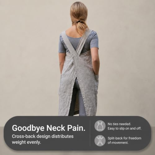 Cross Back Linen Cotton Apron with Pockets (Small / Grey)