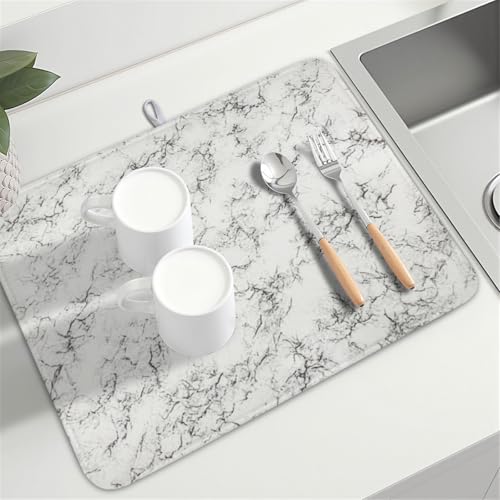 White Grey Marble Dish Drying Mat for Kitchen Counter Modern Marble Pattern Microfiber Dish Drainer Mat Absorbent Washable Drying Pad Extra Large 18"x24" (Marble White Grey / 24" x 18")