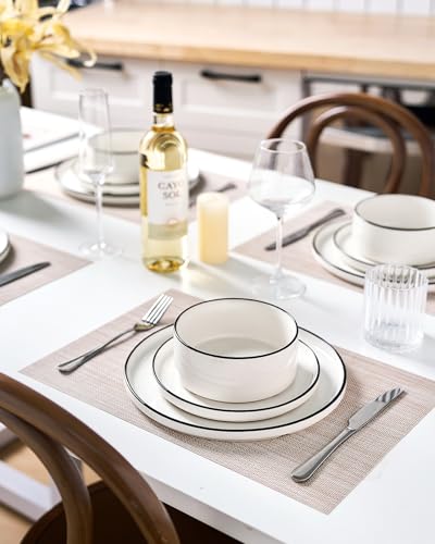 Porcelain 24 Piece Dinnerware Set (White with Black Trim / Service for 8 (Standard Dinner Set))