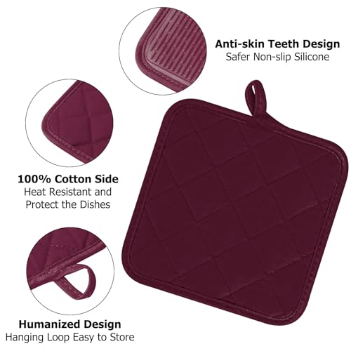 Oven Mitts and Pot Holders Set (Dark Red / 4 Pieces Set)