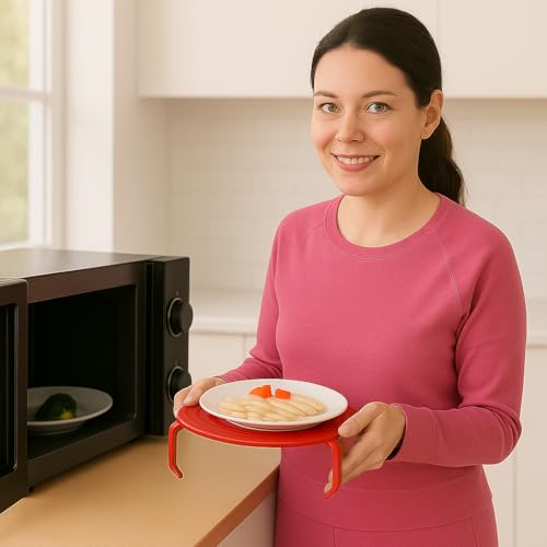 Microwave Multipurpose 4 in 1 Tray Stand Rack Splatter Guard Carry Tray Stacking Shelf (Red)