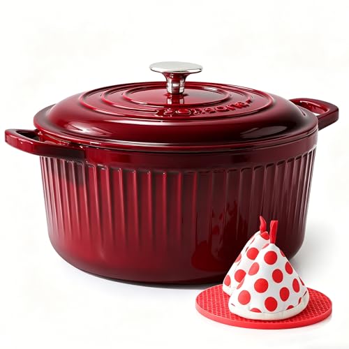 6.5QT Enameled Cast Iron Dutch Oven Pot with Lid&Cotton Potholders (Burgundy Red / 6.5 Quarts)