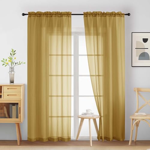 Gold Sheer Curtains 84 Inches Long 2 Panels (42"W x 84"L (Pack of 2) / Gold)