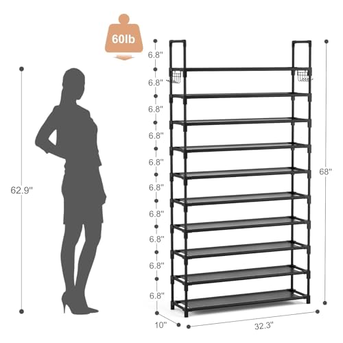 10 Tier Shoe Rack Tall Large Capacity Wide Shoe Organizer with Two Hooks Sturdy Metal Shoe Shelf for Entryway (Black / 32.3" Wide - 10 Tier)