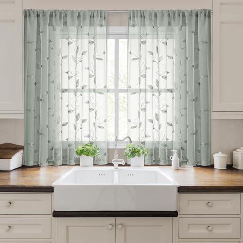 Sage Green Kitchen Curtains Leaf Embroidered (52"W x 54"L (Pack of 2) / 1-sage Green)