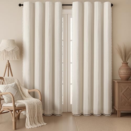 Cream 100% Boho Blackout Curtains 84 Inch 2 Panels with Tassels (Creamy White / 52"W x 84"L (Pack of 2))