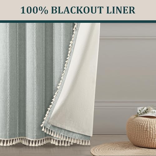 Teal 100% Boho Blackout Curtains 72 Inch 2 Panels with Tassels (Teal Green / 52"W x 72"L (Pack of 2))