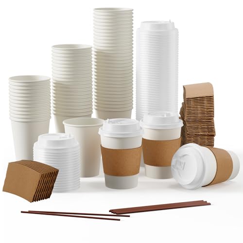 50 Pack 12 oz Disposable Paper Coffee Cups with Lids & Sleeves (12oz 50Pack)
