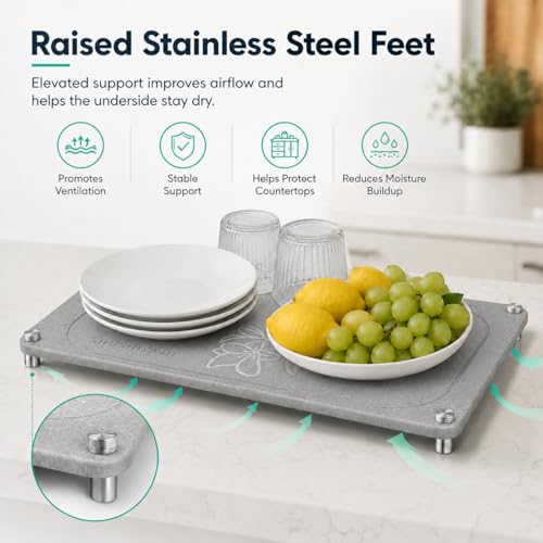 Stone Drying Mat For Kitchen Counter Superb Absorbent Diatomaceous Earth Mats with Non (Floral-MediumGray / 15.7" x 11.8")