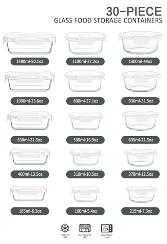 30 Piece Extra Large Glass Food Storage Containers with Lids (White)
