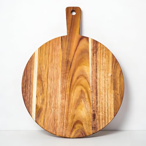 Large Acacia Wood Cutting Board with Handle 17''X13'' (BigRound-17x13)