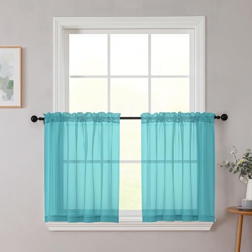 Kitchen Curtains 24 Inch Length Tier 2 Pieces (Turquoise / 42"W x 24"L (Pack of 2))