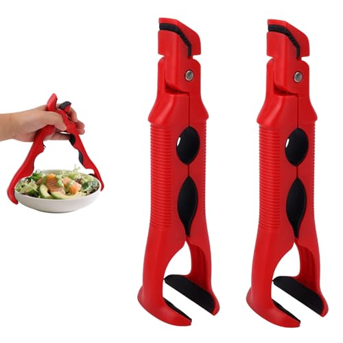 2pcs 3-in-1 Hot Plate Grippers, Premium Non-Slip Kitchen Anti-Scalding Clips High Temperature Resistant Kitchen Dish Tongs Holder for Bowl & Plate Lifter and Can Opening (Red)