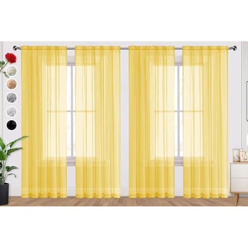 Yellow Sheer Curtains 4 Panels Rod Pocket Semi (Yellow / 52"W x 54"L (Pack of 4))